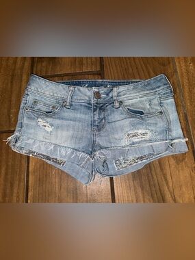 American Eagle Stretch Festival Distressed SequinslightBlueDenimJean ShortShorts
